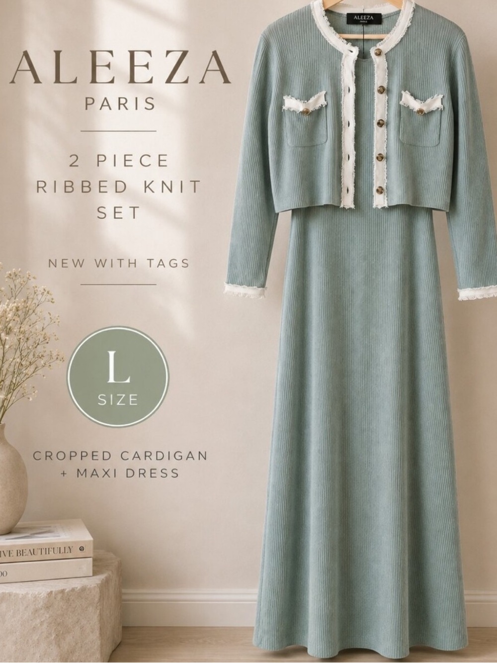 ❌❌SOLD❌❌Aleeza Paris Ivory Knit Cardigan with Navy Trim NWT gorgeous - Picture 8 of 8